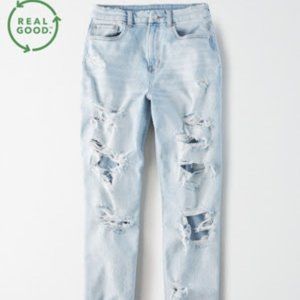 AE Stretch Curvy Mom Jean - Indigo Skylight Destroy - Size 4 Short Curvy